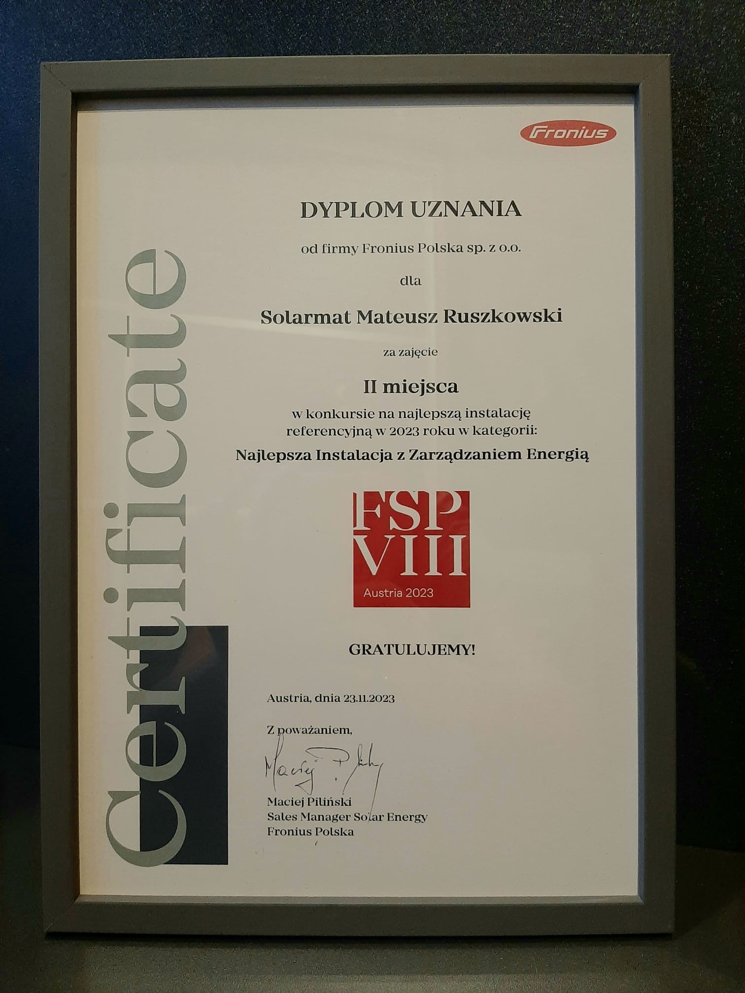 Dyplom uznania od firmy Fornius Polska sp. z o.o. dla Solarmat Mateusz Ruszkowski